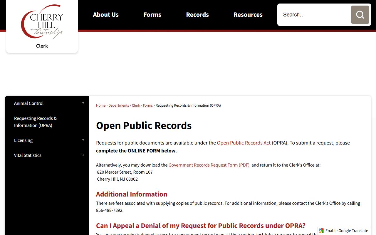 Cherry Hill OPRA portal overview for background check access rights
