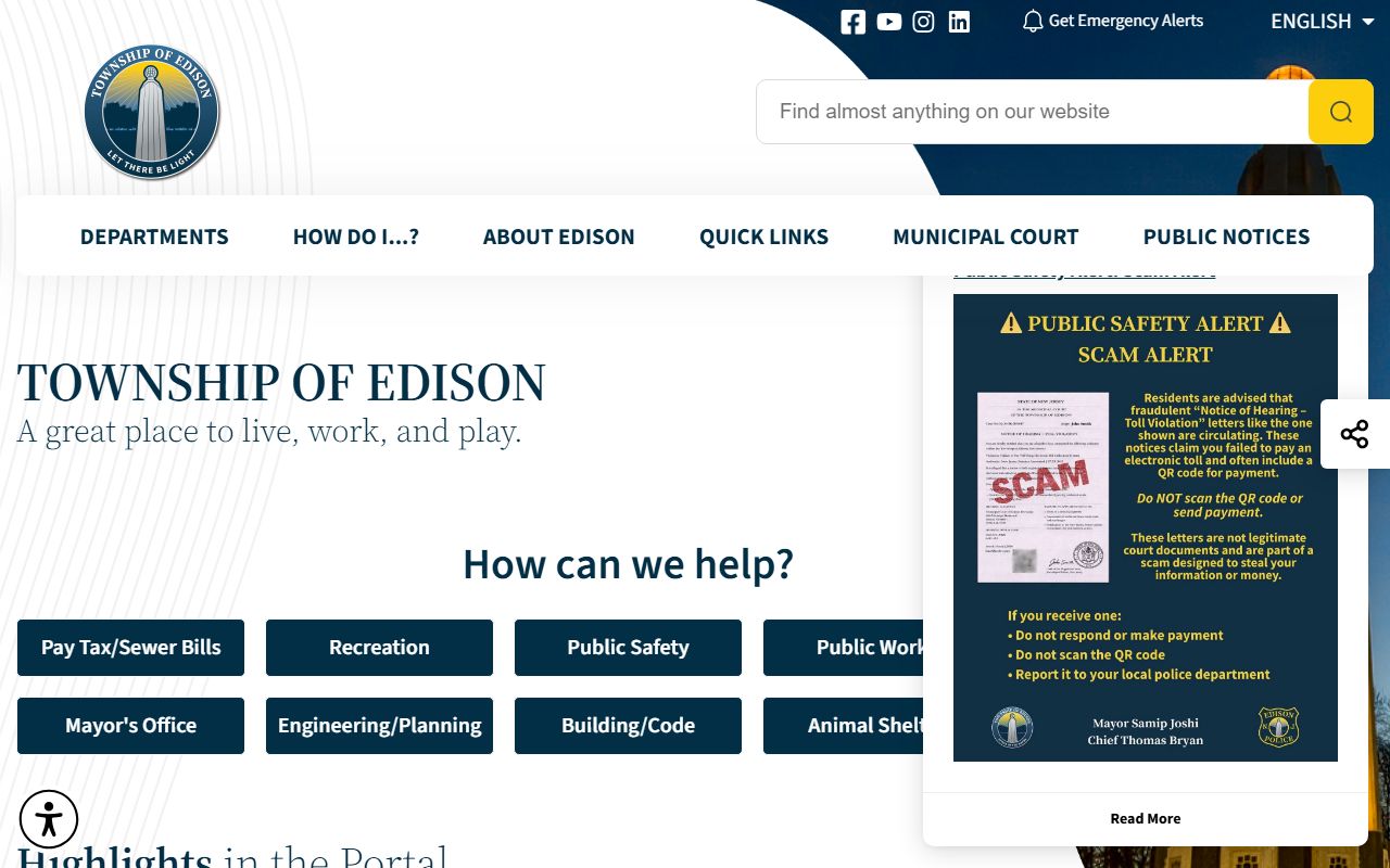 Edison Police Department website for background check police records