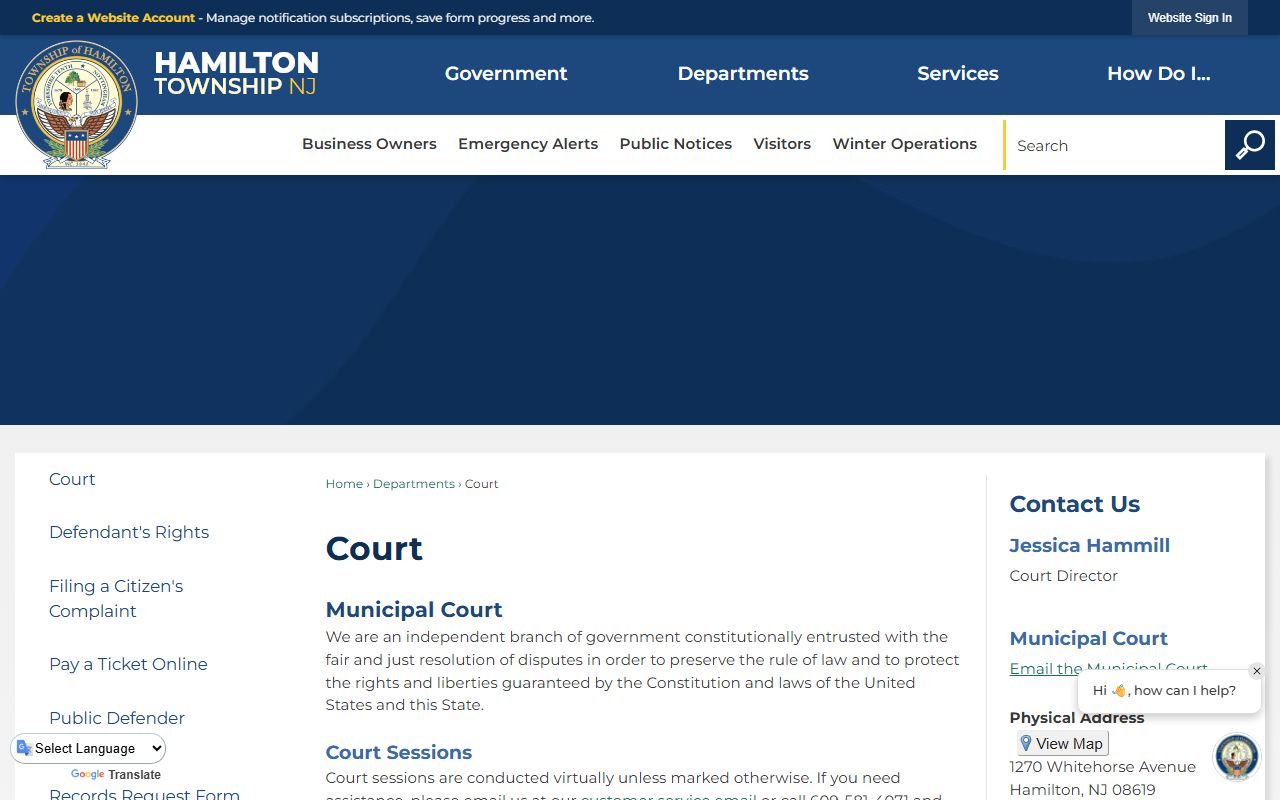 Hamilton Township Municipal Court page for background check records