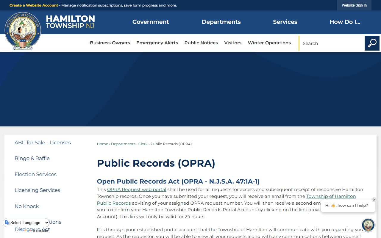 Hamilton Township online OPRA portal for background check records