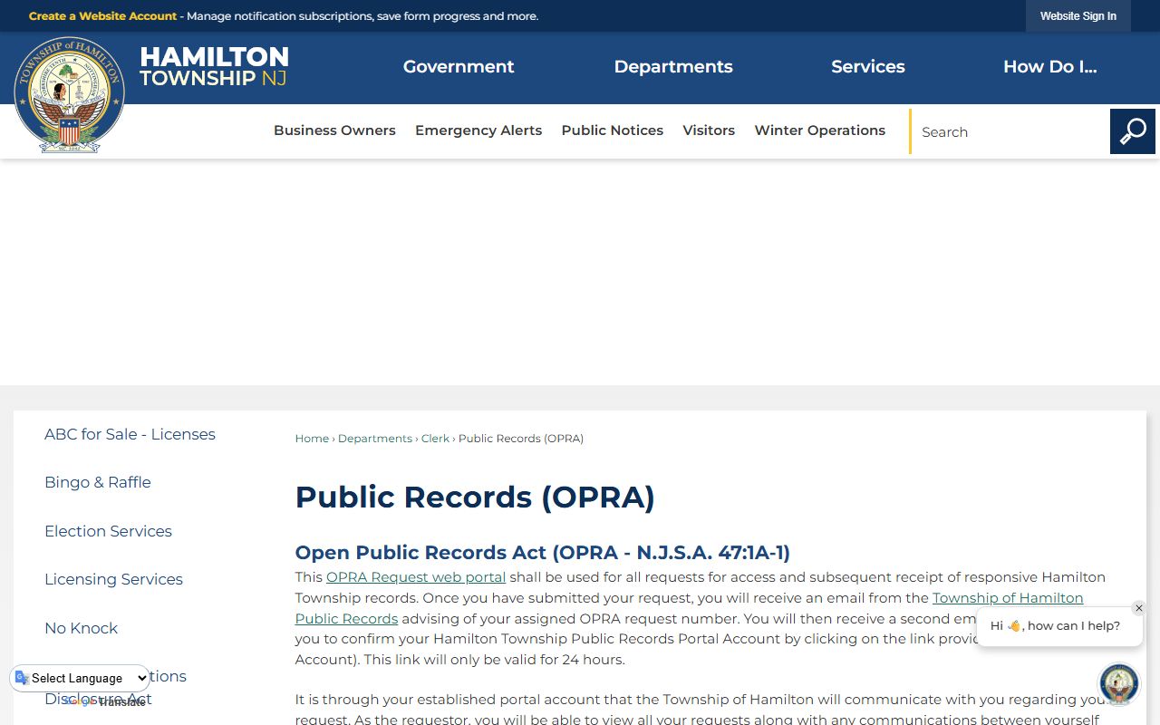 Hamilton Township OPRA request portal for background check submissions