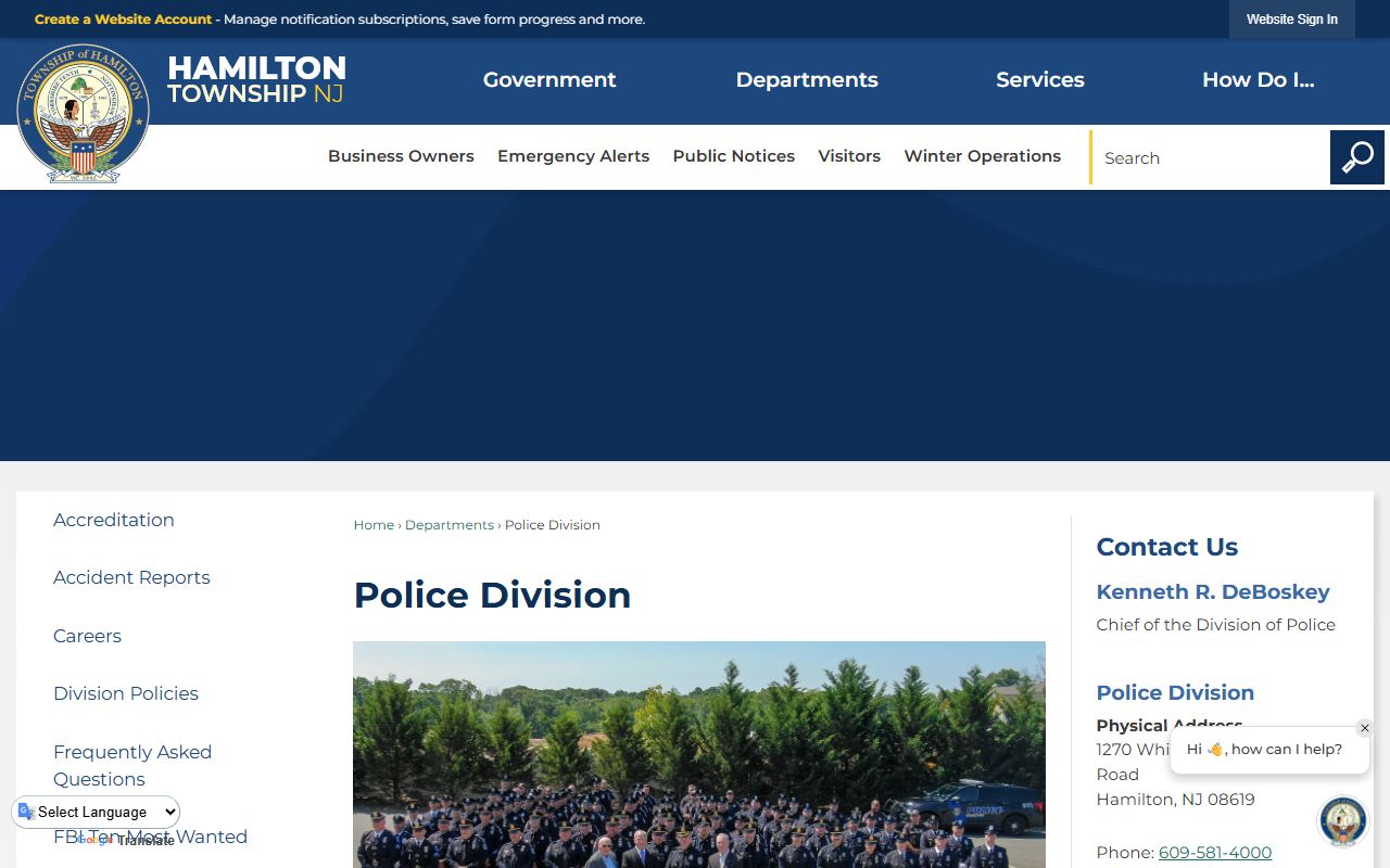 Hamilton Township Police Department page for background check records