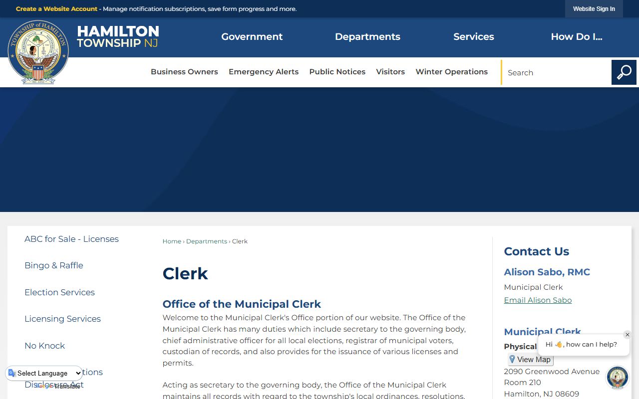 Hamilton Township Clerk office page for background check requests