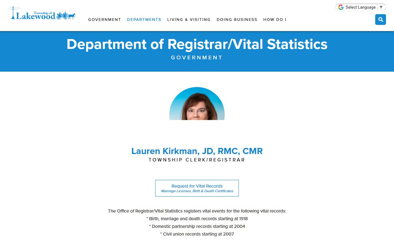 Lakewood Township vital statistics page for background check records
