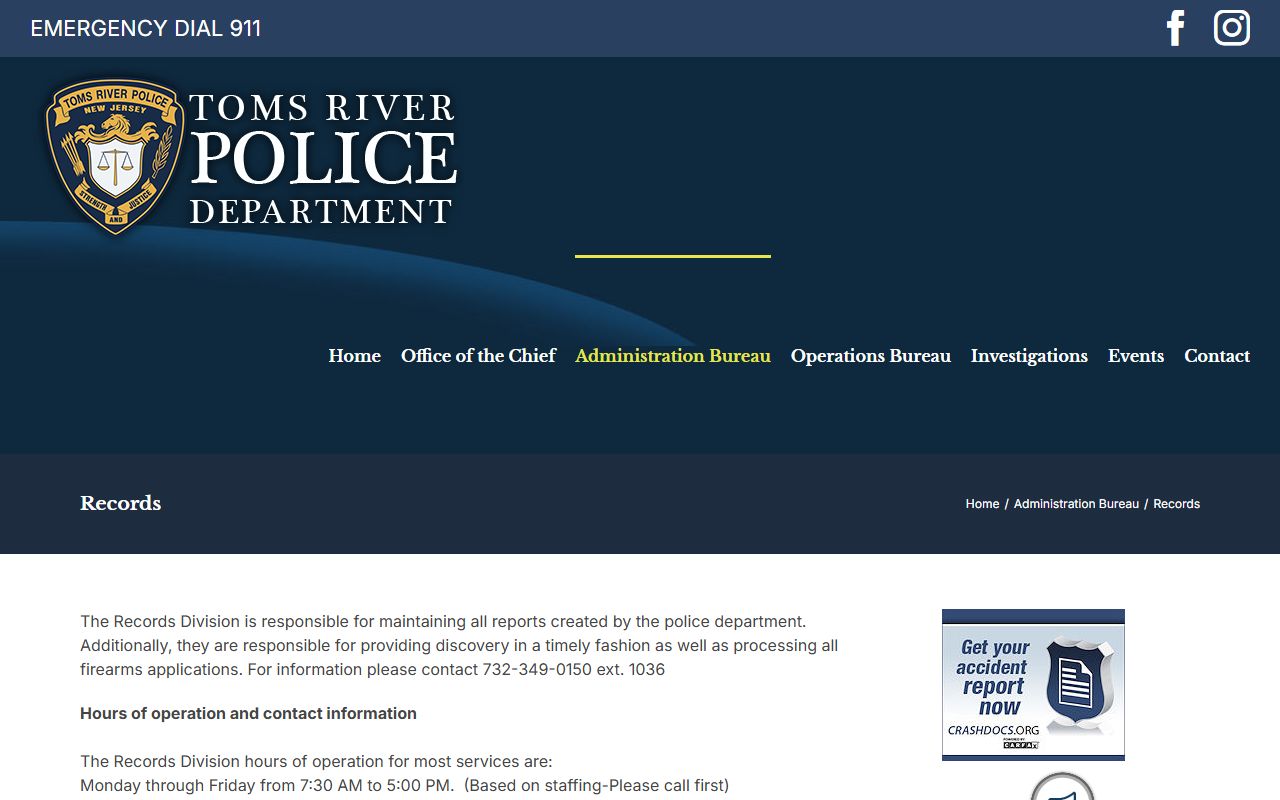 Toms River Police Records Division page for background check requests