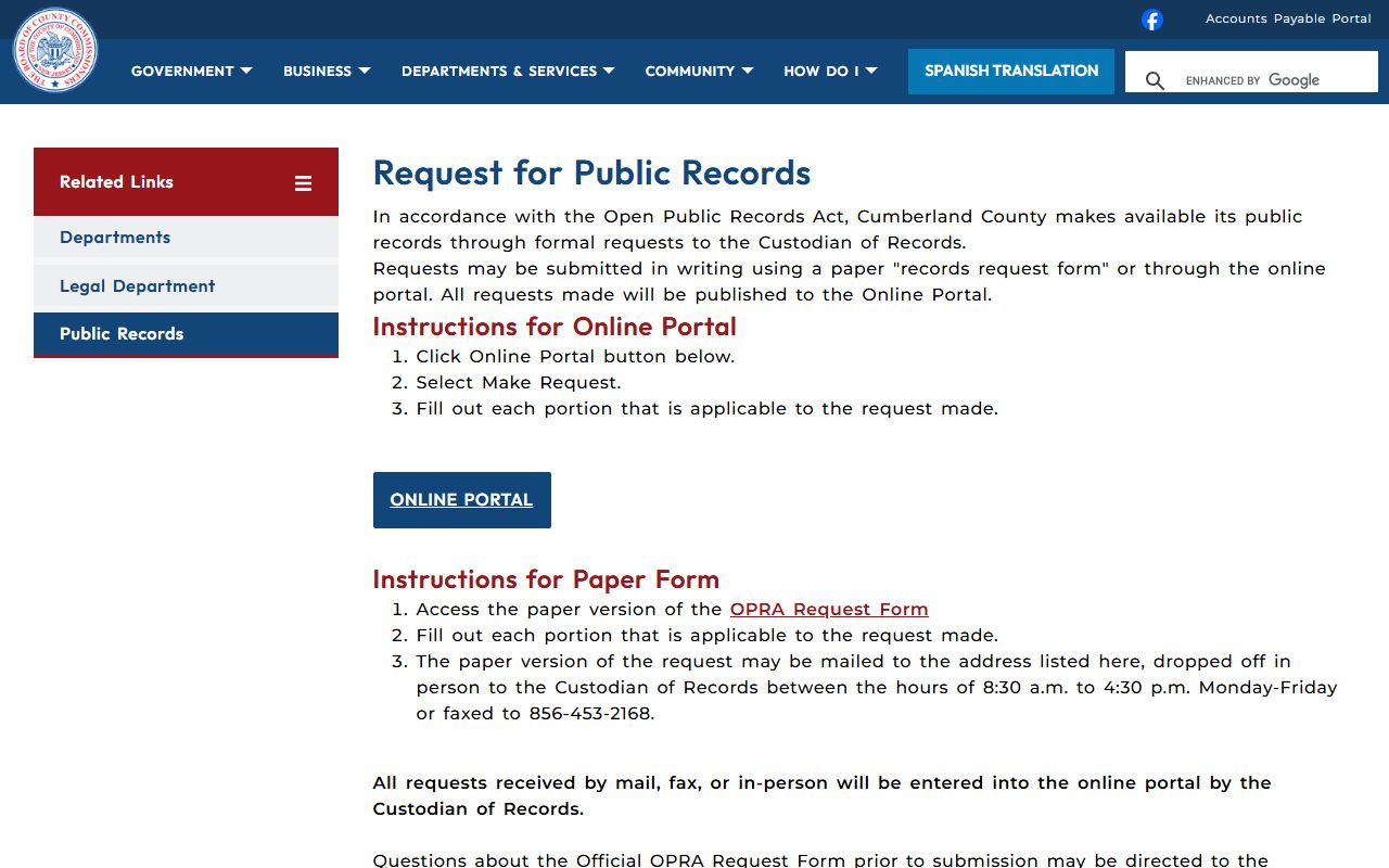 Cumberland County OPRA portal for background check requests