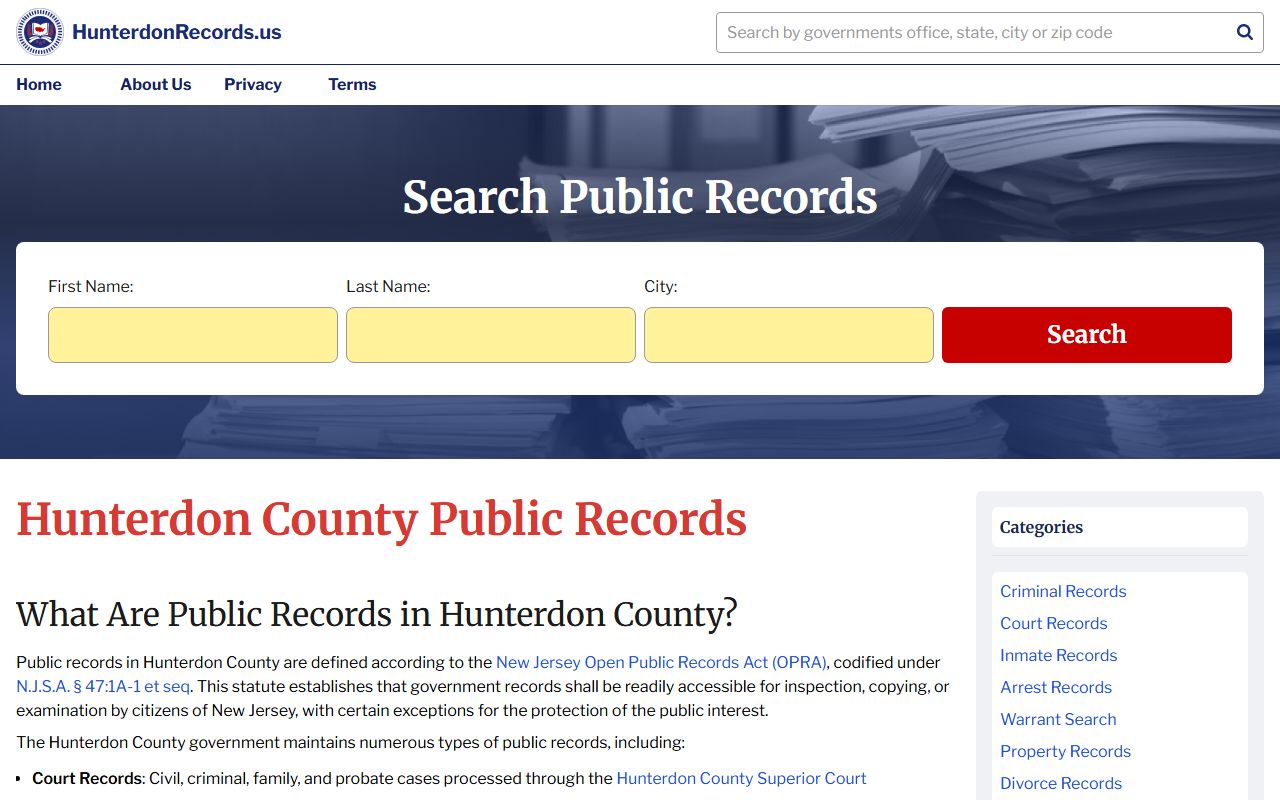 Hunterdon County online records portal for background check searches