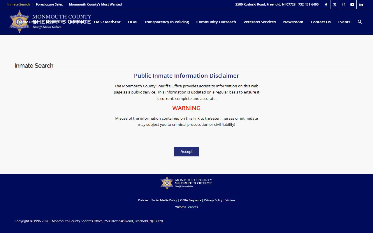 Monmouth County inmate search tool for background checks