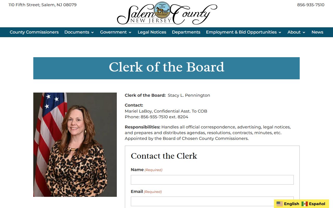 Salem County Clerk office website for background check records