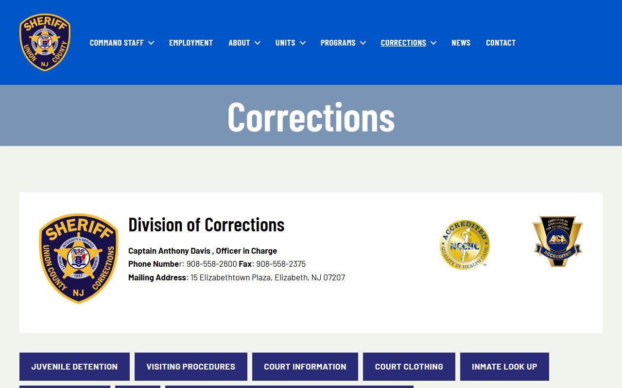Union County Corrections website for inmate lookup
